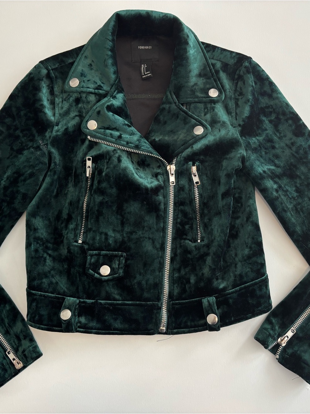 Forever 21 Women's Dark Green Velvet Moto Jacket